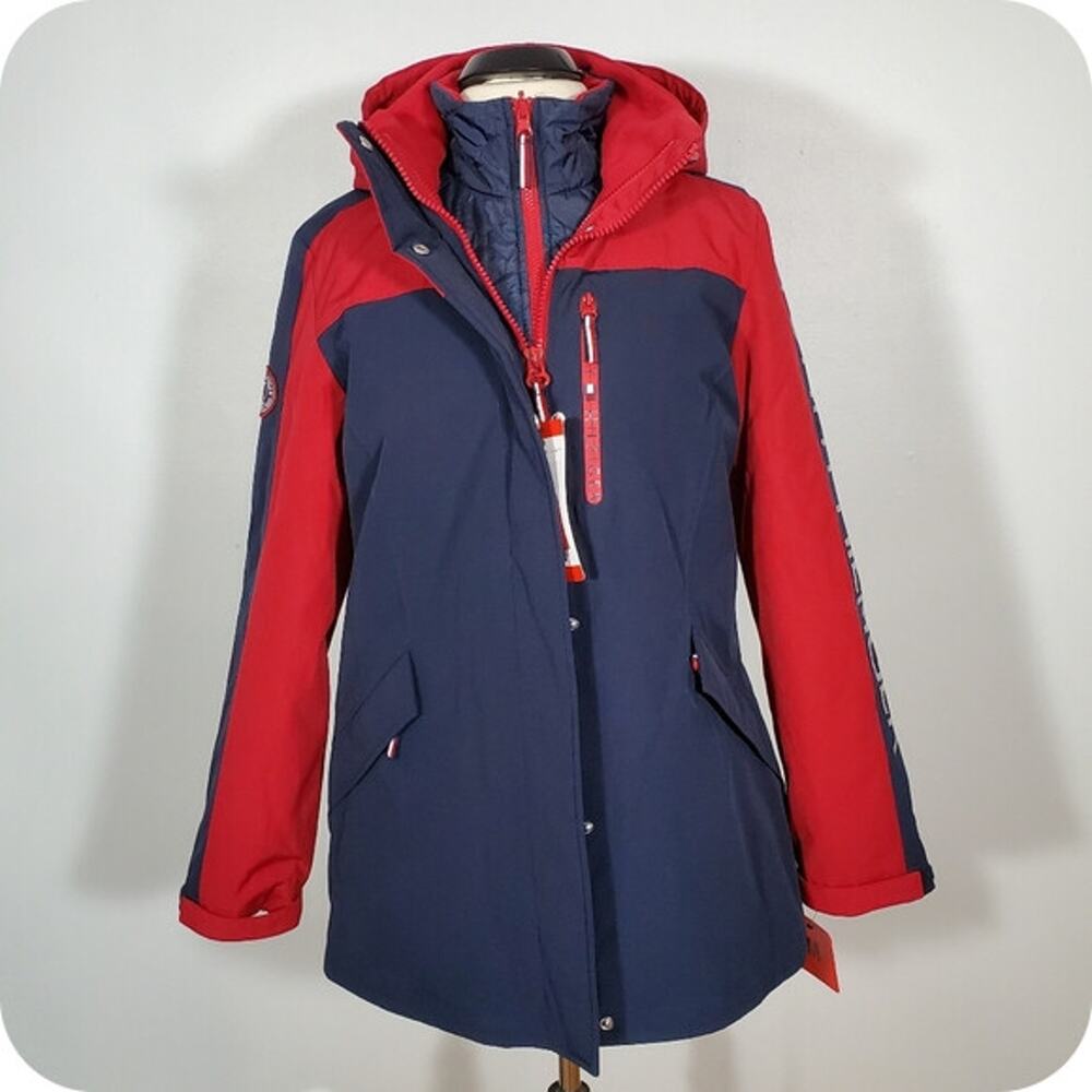 TOMMY HILFIGER Womens L LARGE 3-in-1 All Weather System Jacket Navy/Red NWT